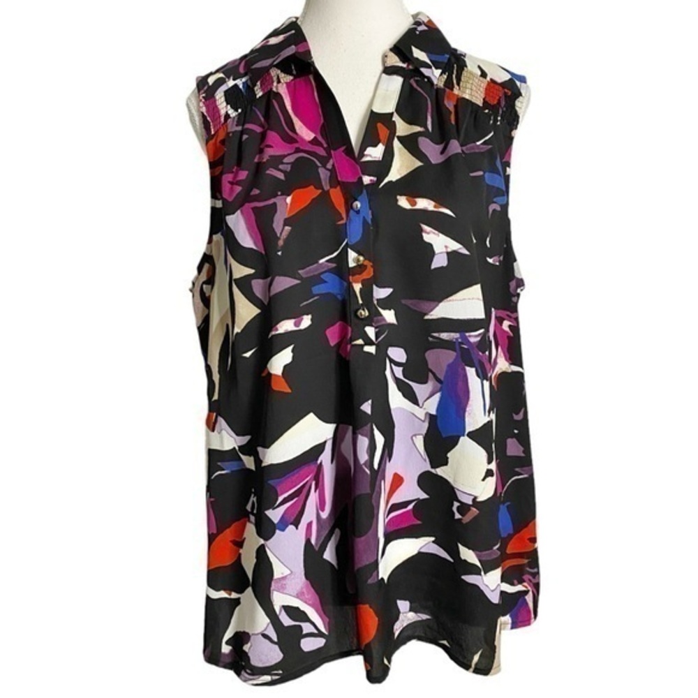 Dana Buchman Smocked Abstract Print Sleeveless Shirt